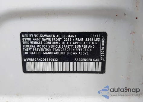 2013 Volkswagen Cc 2.0T Lux из США, поврежденный, VIN WVWRP7AN2DE510932